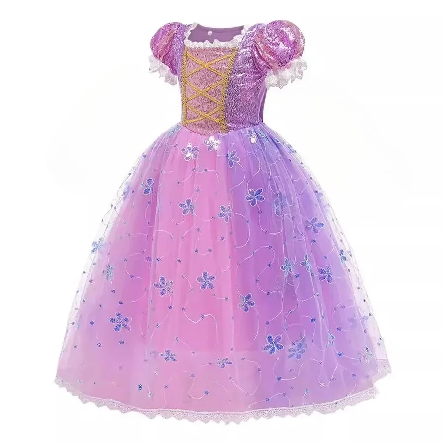 الوردي الأميرة رابونزيل للأطفال الفتيات زي الفيلم متشابكة تأثيري كرنفال حفلة عيد ميلاد عيد الميلاد فساتين شبكية