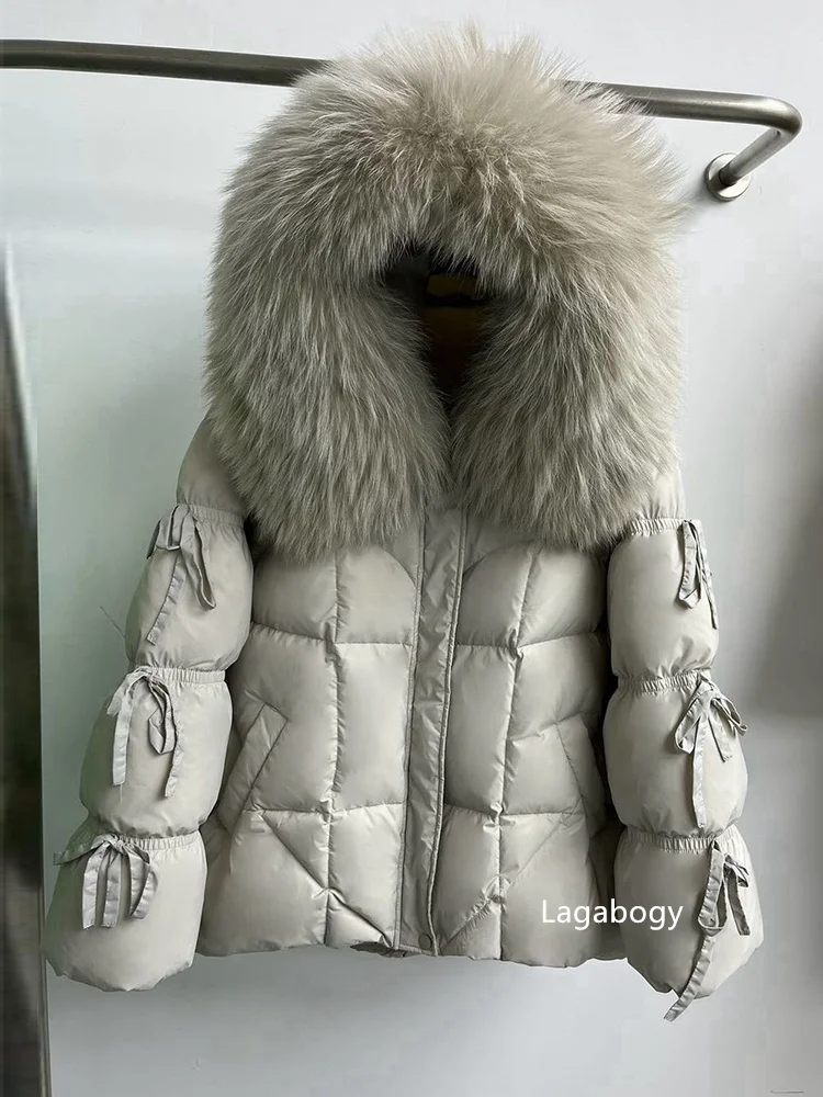 Lagabogy 2026 Big Natural Fox Fur Puffer Jacket New Winter Clothes Women Thick Warm White Duck Down Coat Female Real Fur Parker