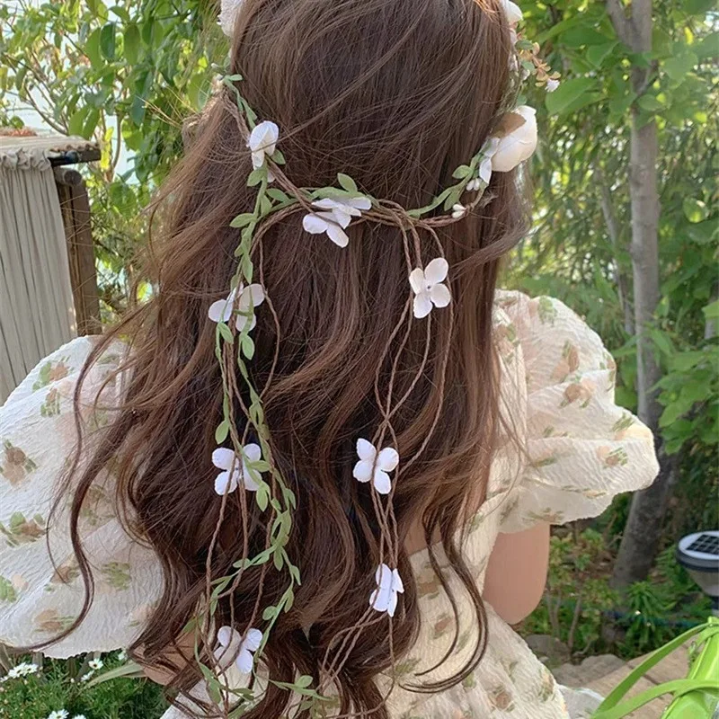 

White Boho Flower Crown Adjustable Vine Headband Wreath with Fairy Butterflies for Bridal Wedding Maternity Photo Renaissance