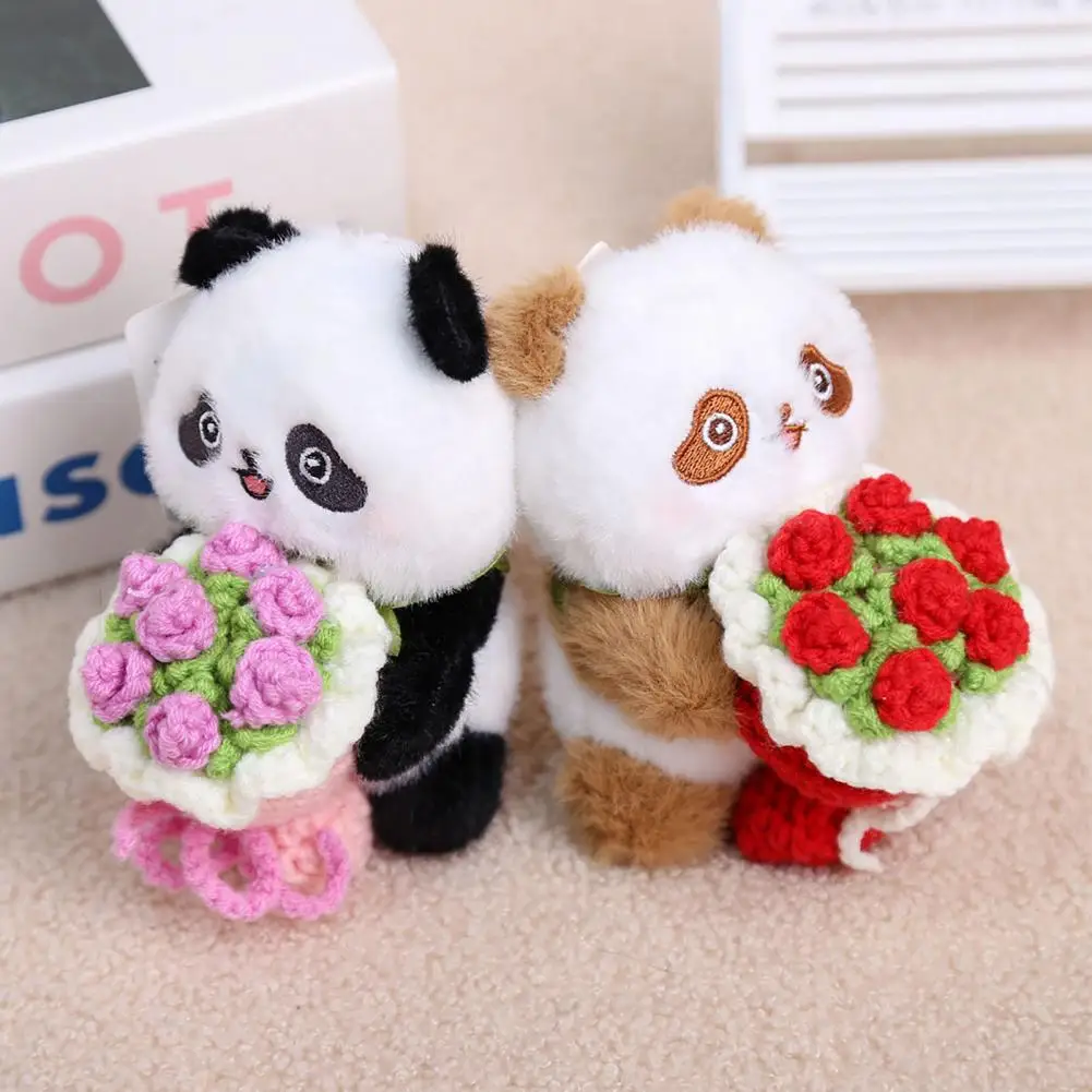 花束を持ったパンダのぬいぐるみキーホルダー、かわいいぬいぐるみ、編み物の花束付き、柔らかいぬいぐるみバッグチャーム、幸運のお守りギフト