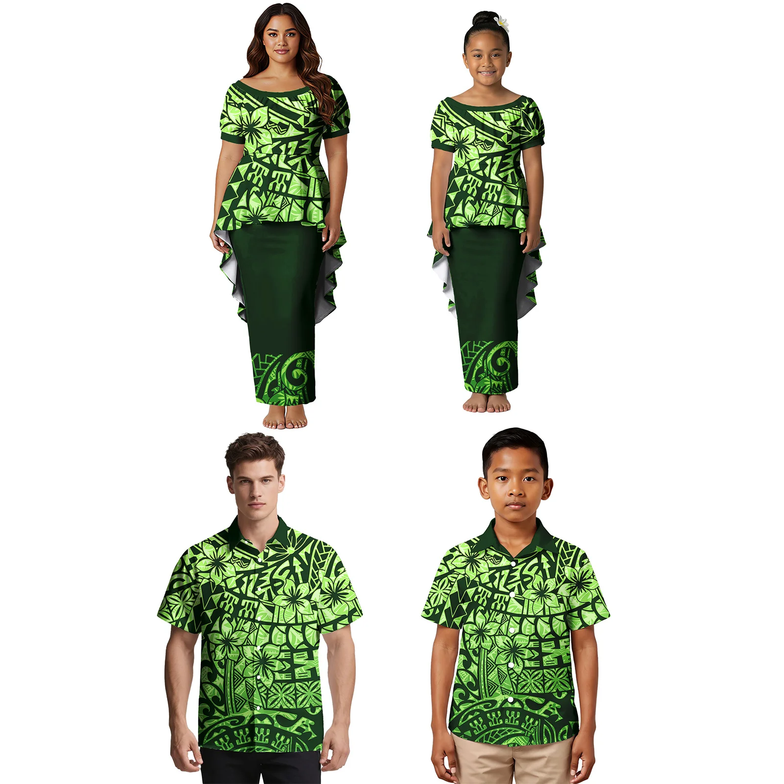 

Personality Floral Print Logo Custom Family Parent-Child Outfit Polynesian Men's Shirt Hawaiian Puletasi Samoan Dress Family Set