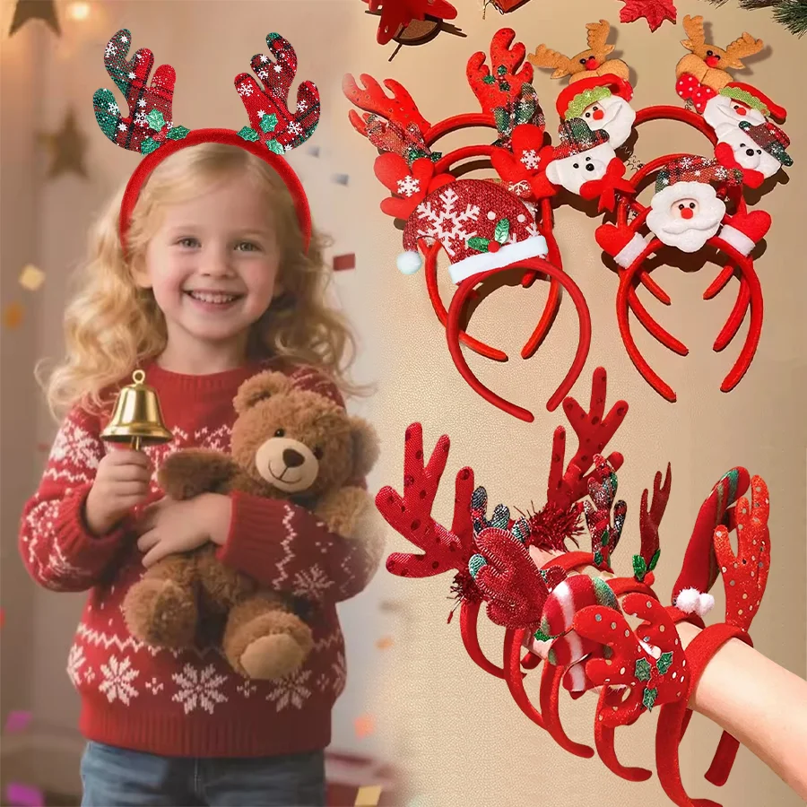 10PCS Christmas Decorations For Home Snowman Christmas Tree Bow Deer Horn Headband With Light Girl Children Party Headband