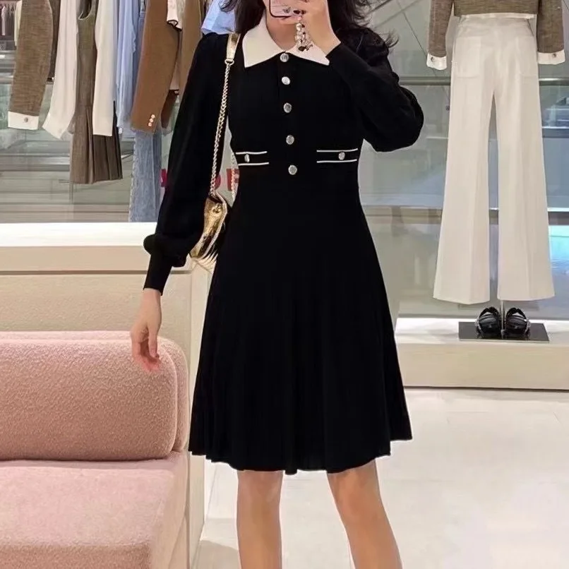 

Knee-length Dress for Women 2024 New Autumn Sprng Contrasting Color Turn Down Collar Casual Long Sleeve Robes