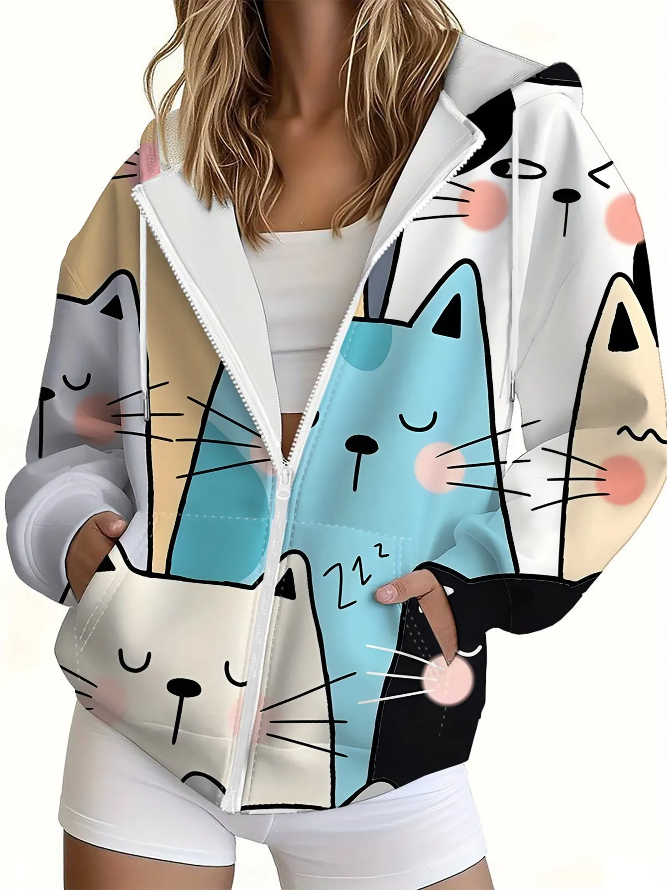 Autumn and Winter Women's Zipper Jacket 3D Printed Warm Casual Fashionable Versatile Streetwear