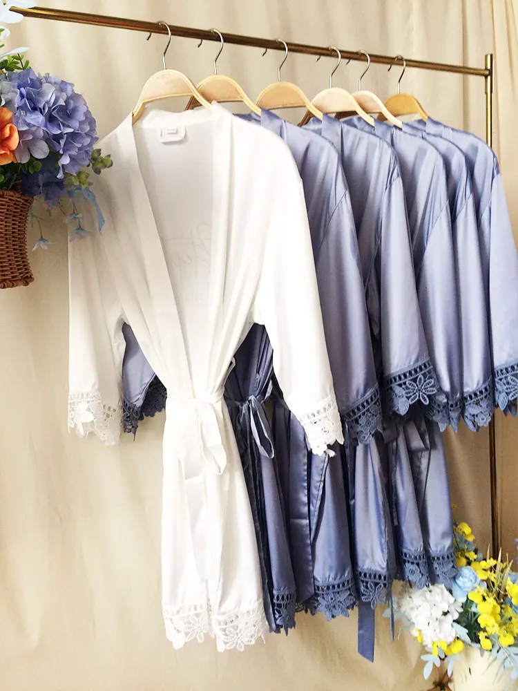 

Dark Blue Robes Bridal Silky Gowns for a Wedding Bridesmaid and Bride 2023 Lace Robes Customize with Name Plus Size Lounge Woman