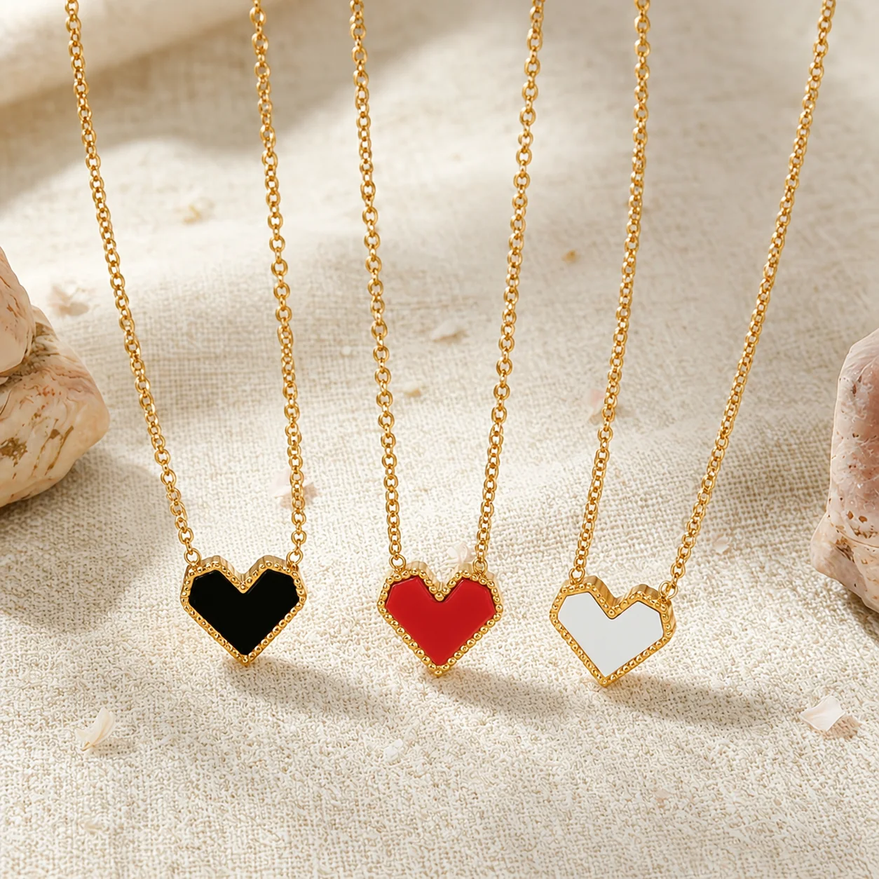 1pc Black White And Red 3-Color Optional Heart-Shaped Necklace Stainless Steel Heart Glued Acrylic Lace Heart Pendant Necklace