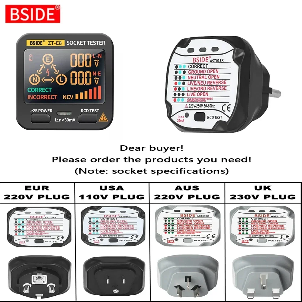 BSIDE AST01 Electric Socket Tester EU US UK AU Plug RCD GFCI Test  Outlet Ground Zero Line Plug Polarity Phase Wall Check