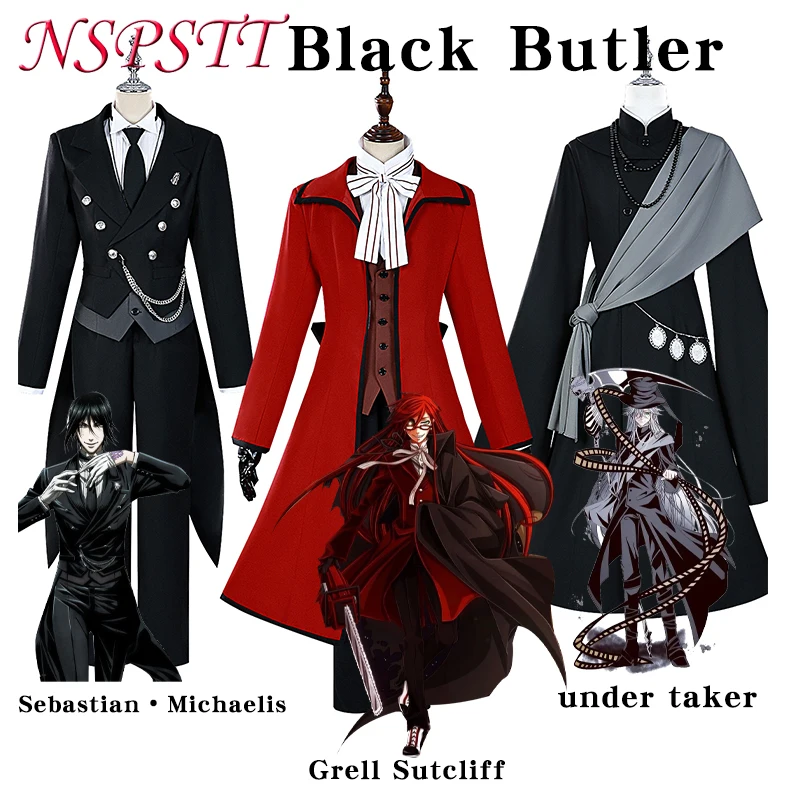 Disfraz de Cosplay de Black Butler de NSPSTT, Conjunto de Uniforme de Sebastian/Grell/Undertaker, Atuendo para Fiesta de Halloween de Anime