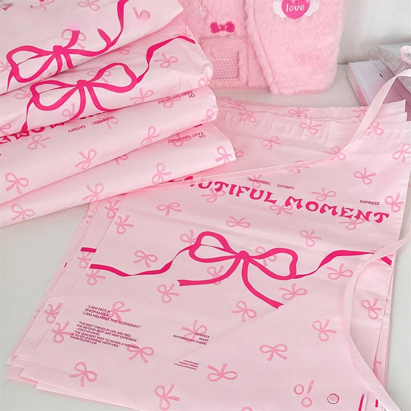 10Pcs Pink Plastic Courier Bags Bow Knot Printed Express Envelope Clothing Packing Shipping Envelopes Self Adhesive Mailing Bag