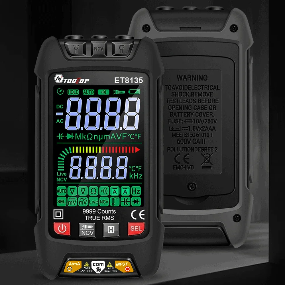 TOOLTOP ET8135 kolorowy ekran inteligentny 9999 zliczeń True RMS multimetr cyfrowy AC DC napięcie prądu rezystancja dioda Hz Tester