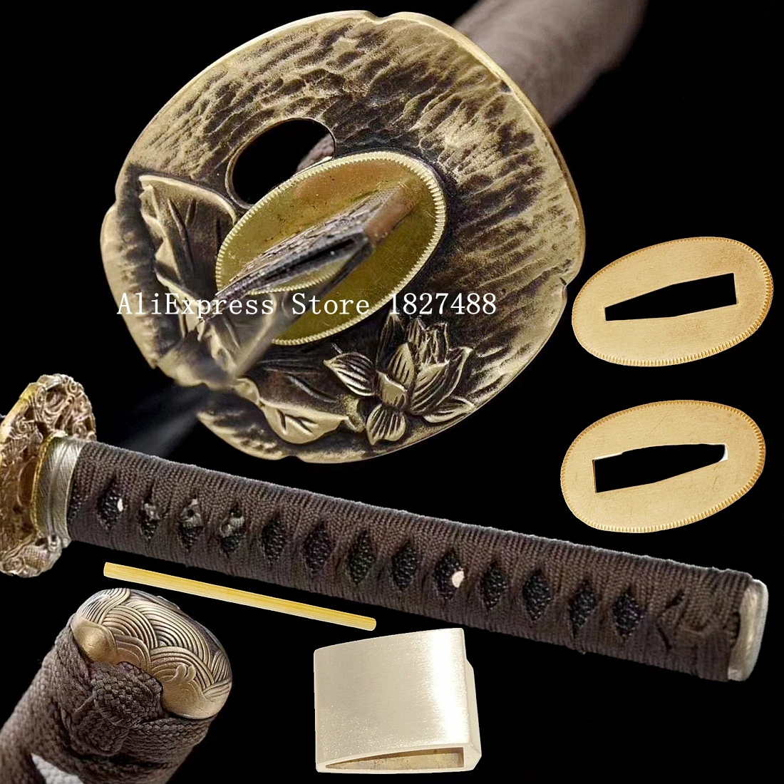 

Lotus Flower Tsuba Japanese Sword Samurai Katana Brass Handguard+Menuki+Fuchi+Kashira+Handle+Habaki+Seppa+Handle Set Accessory