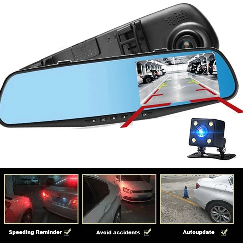 4.3 بوصة سيارة DVR عدسة مزدوجة كاميرا سيارة كامل HD 1080P مسجل فيديو مرآة الرؤية الخلفية مع الرؤية الخلفية DVR داش كام مسجل السيارات #5