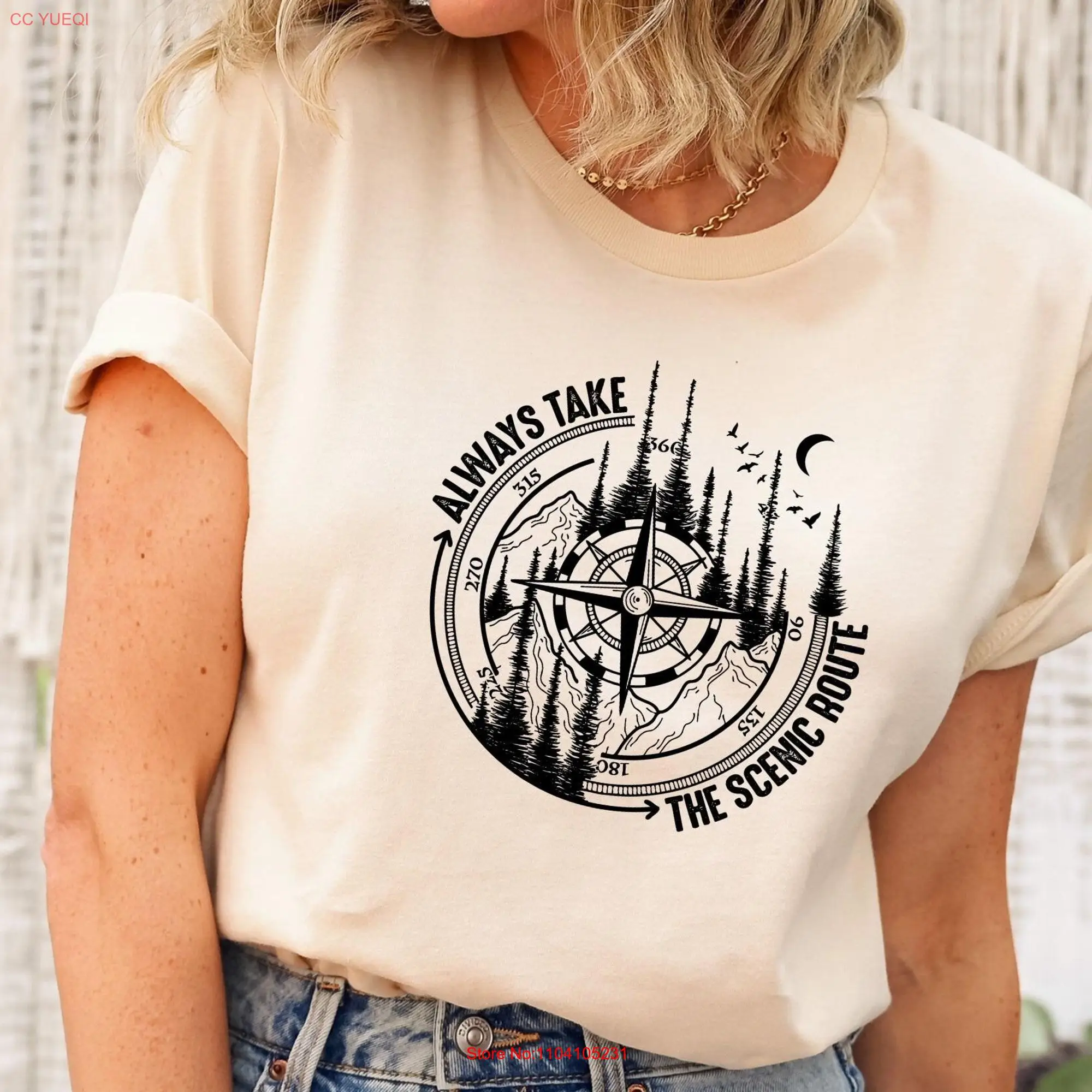 Always Take The Scenic Route T Shirt Crew Nature Lover Camping Adventure Mountain Explore More long or short sleeves