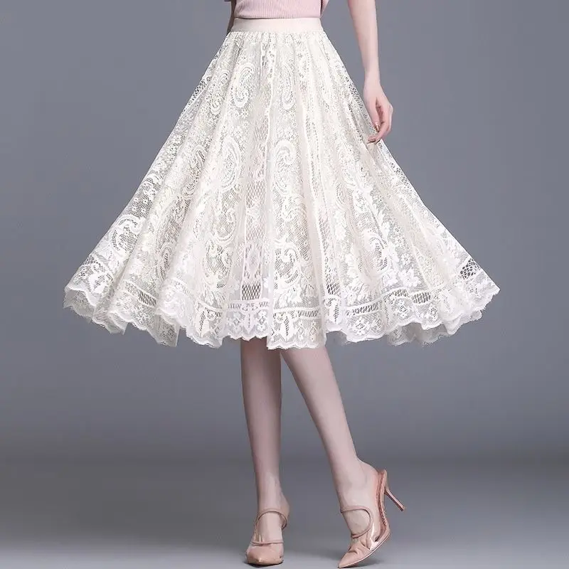 

Lace Spring Summer New Mid-Length Pleated A-Line Skirt For Petites