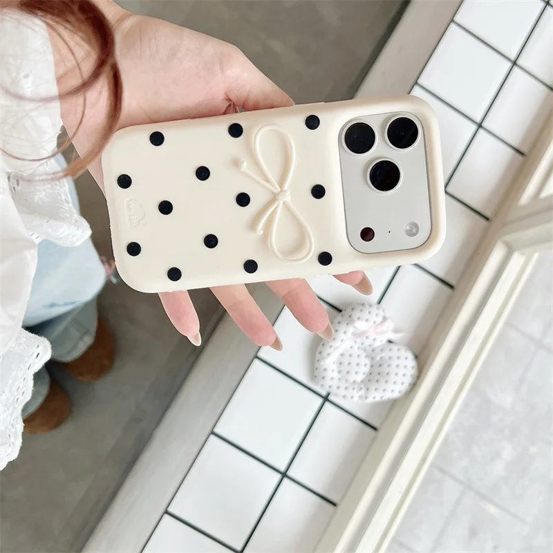 Korean 3D White Bowknot Black Polka Dots Soft Silicone Phone Case For IPhone 17 16 15 14 13 Pro Max Shockproof Protective Cover view 6