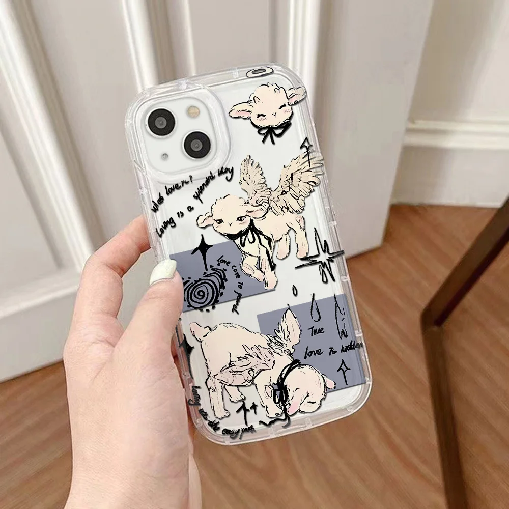 Cute Little Lamb Angel Sheep Phone Case for IPhone 16 15 14 13 12 11 Pro Max 7 8 Plus X XR XSMax Airbag Anti Fall Clear Cover