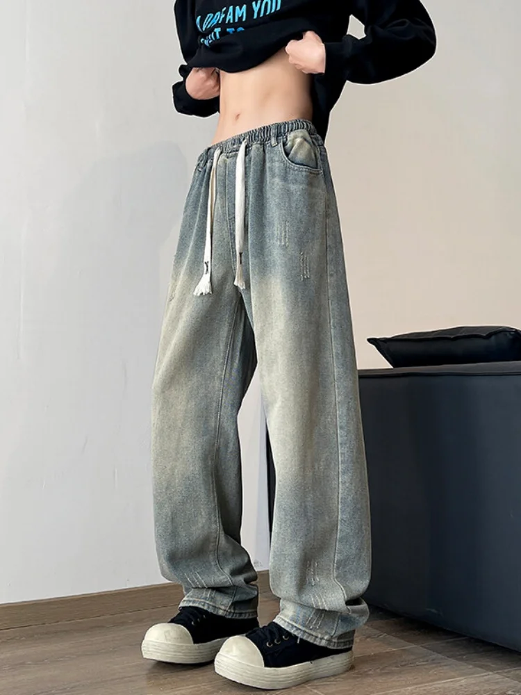 

Мужские джинсы Waed Mud Color Dstring прямого кроя, весна-осень, в американском стиле, модные, брендовые, с эффектом потертости, широкие брюки