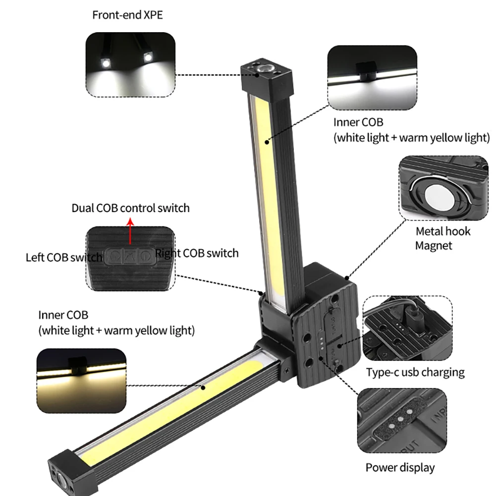 フック付きのポータブル充電式USB懐中電灯,車,キャンプ用のLED懐中電灯