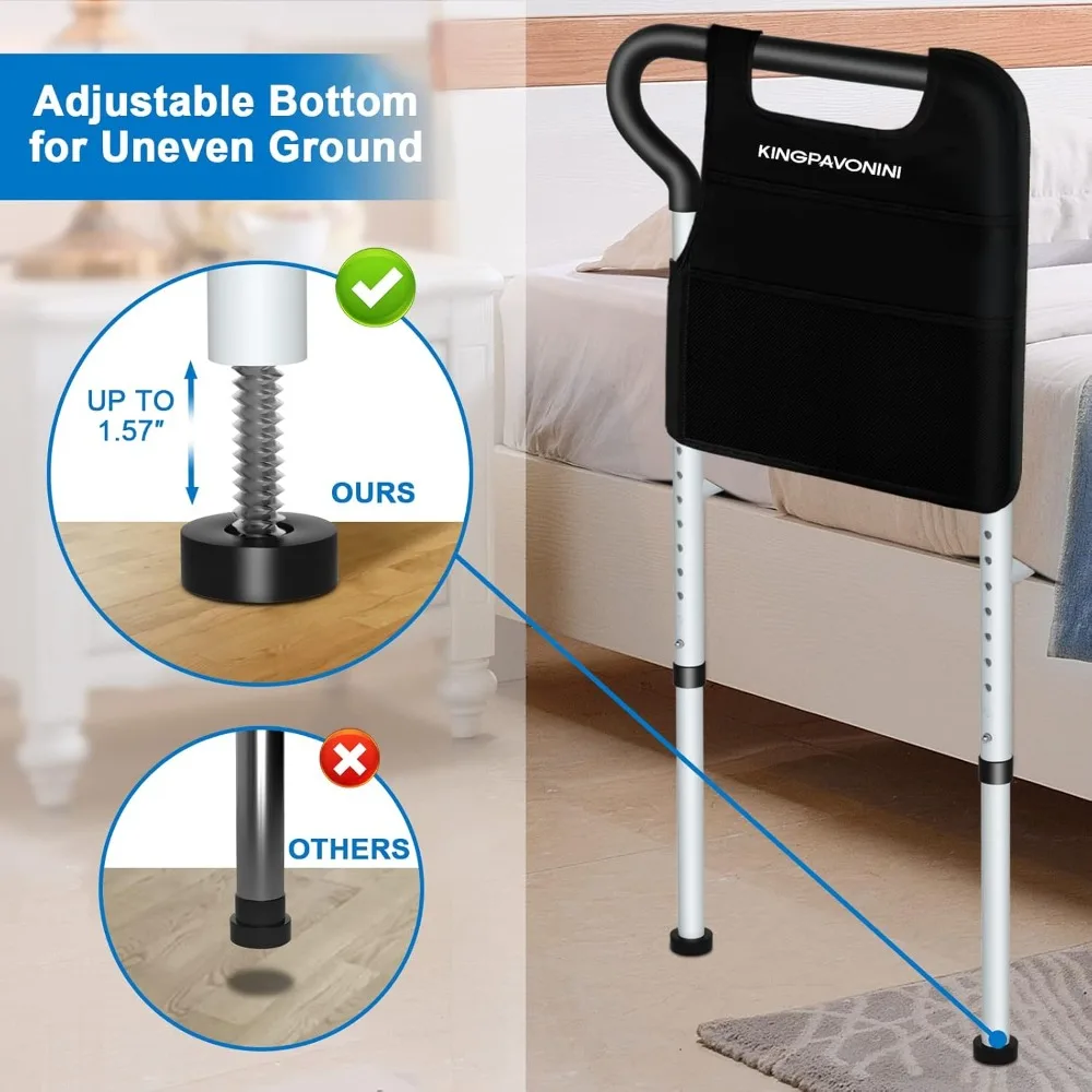 Bed Rails for Elderly Adults- Adjustable Bed Cane with Non-Slip Ergonomic Handle and Storage Pocket, Stable Bed Assist Rails