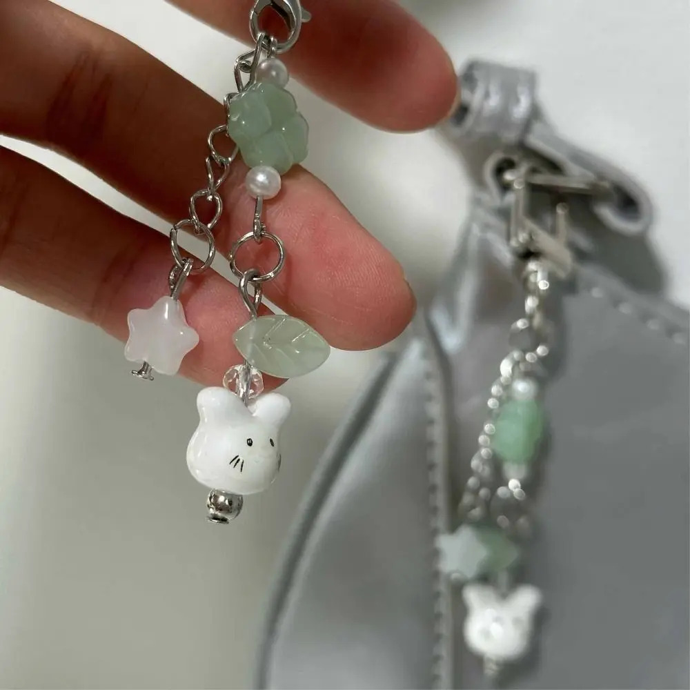 Y2K Cute Beaded Phone Charm Strap Cord Hanging Decoration Ceramics Bunny Keychain Trendy Look Rabbits Four Leaf Clover Pandant