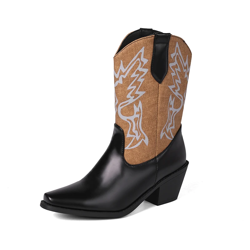 

Cowboy Boots Women Patchwork Cowgirls Ankle Booties Slip On Chunky Heels Shoes Fall Winter Casual Footwear