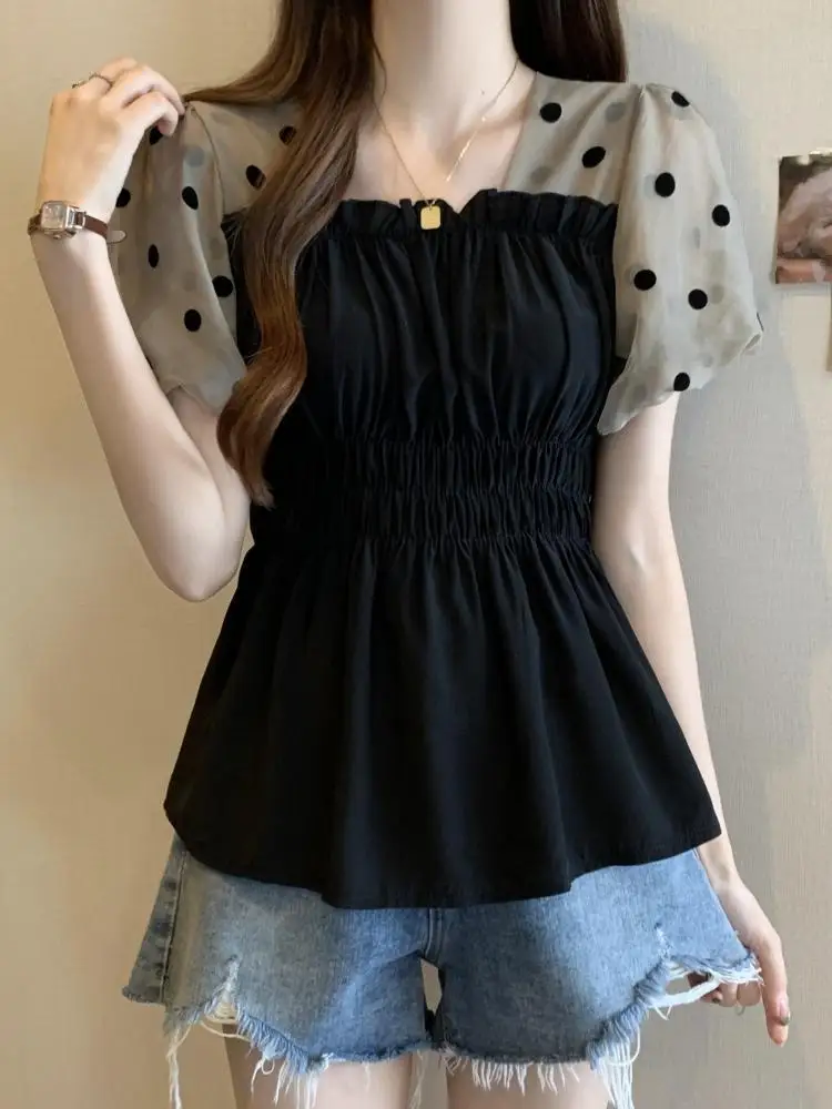 

Plus Size Chiffon Blouse Women Summer Slimming Net Bubble Sleeve Top French Square Collar