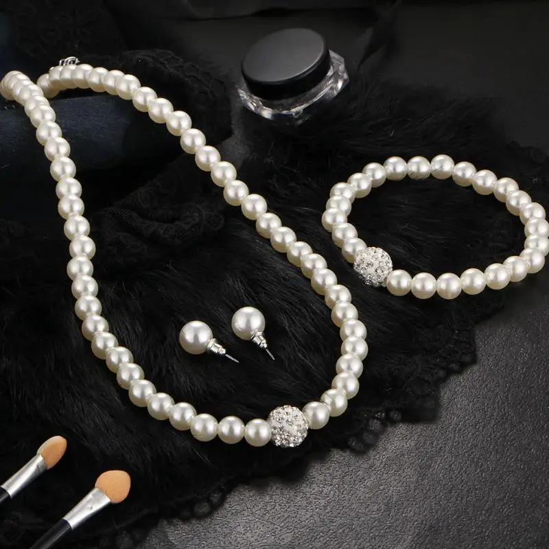 Uilz Vintage Simple Imitation Pearl Necklace Earrings Jewelry Set For Women Temperament Crystal Choker Banquet Wedding jewelry