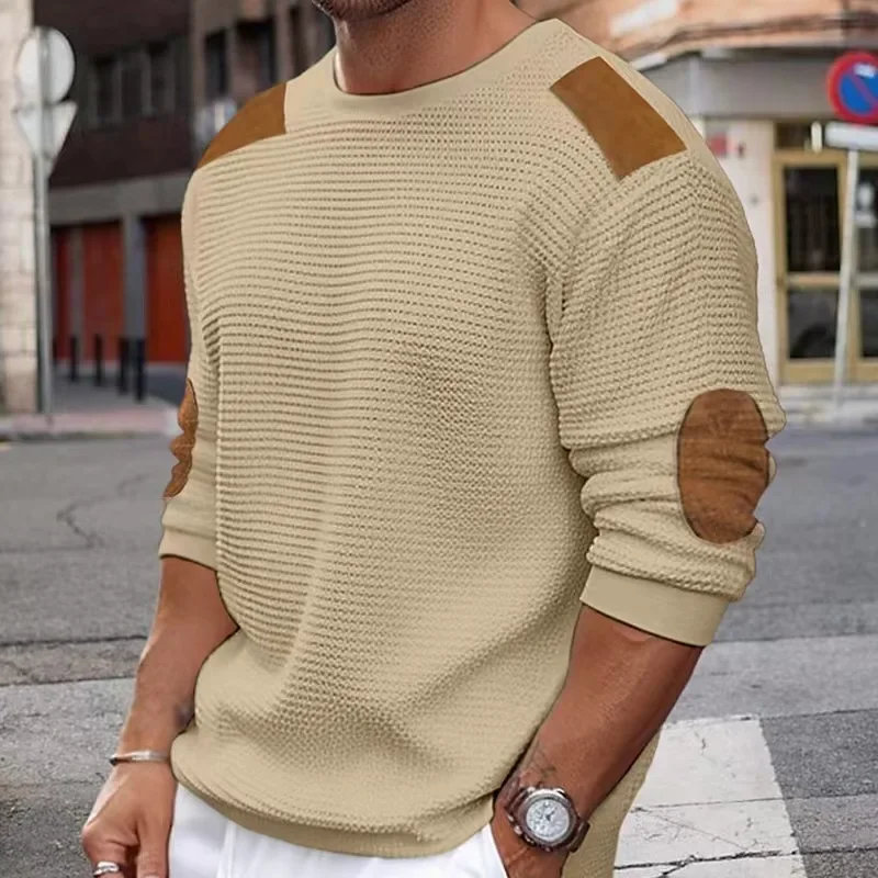 Pulôver de malha com gola em O masculino, suéter patchwork, pulôver casual fino, malha outono e inverno, moda masculina