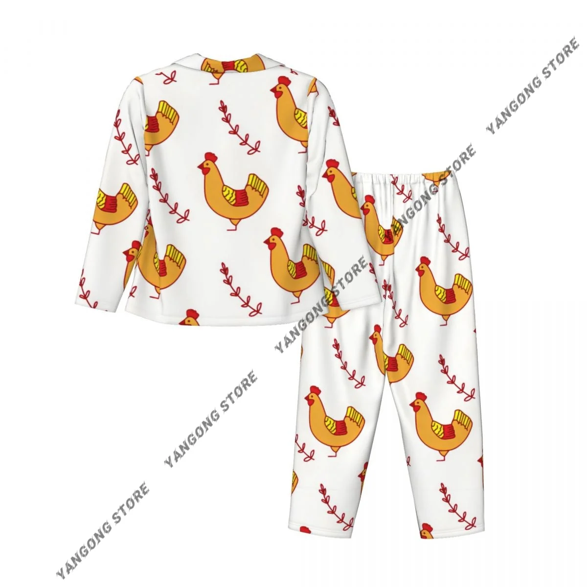 여성 잠옷 라운지웨어 치킨과 나뭇가지 배경 긴 소매 라펠 넥 셔츠와 신축성 있는 허리 바지 파자마 세트