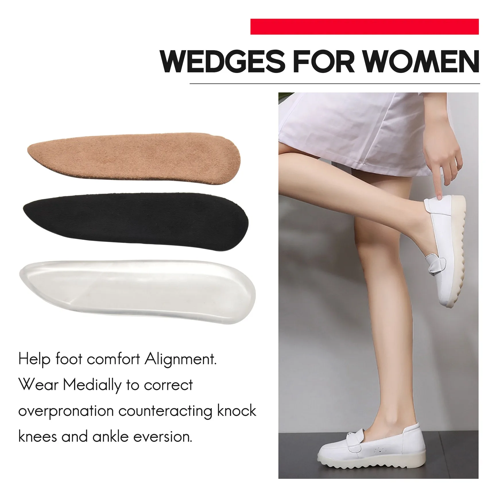 Medial & Lateral Heel Wedge Silicone Insoles for Supination and Pronation, Corrective Adhesive Gel Shoe Inserts for Bow Legs,