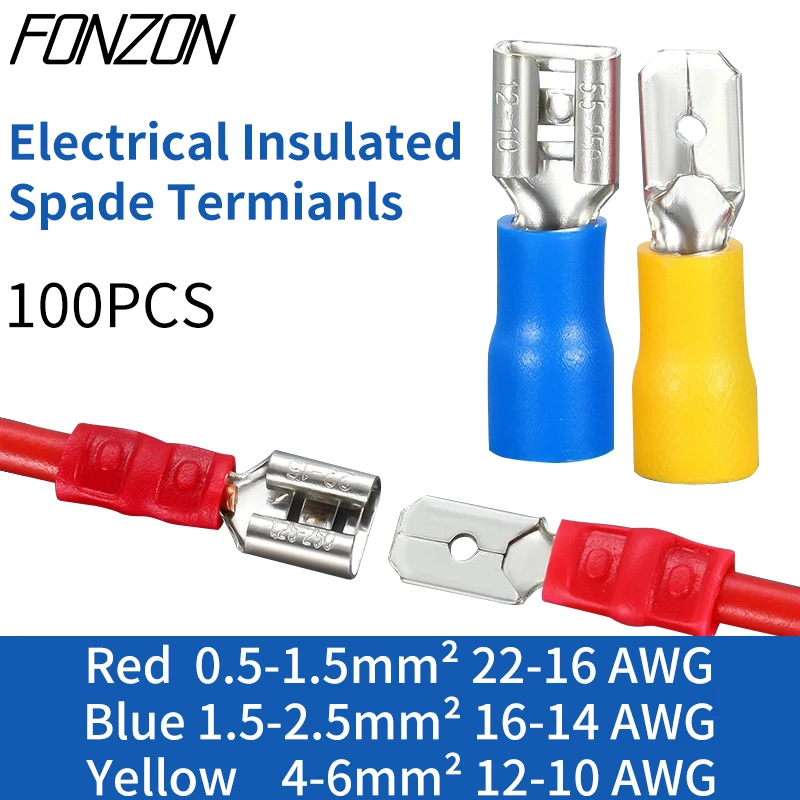 100 PCS FDD2-250 female pre-insulated crimp terminals suitable for 1.5-2.5mm² connectors MDD2-250 Female spade cable connectors