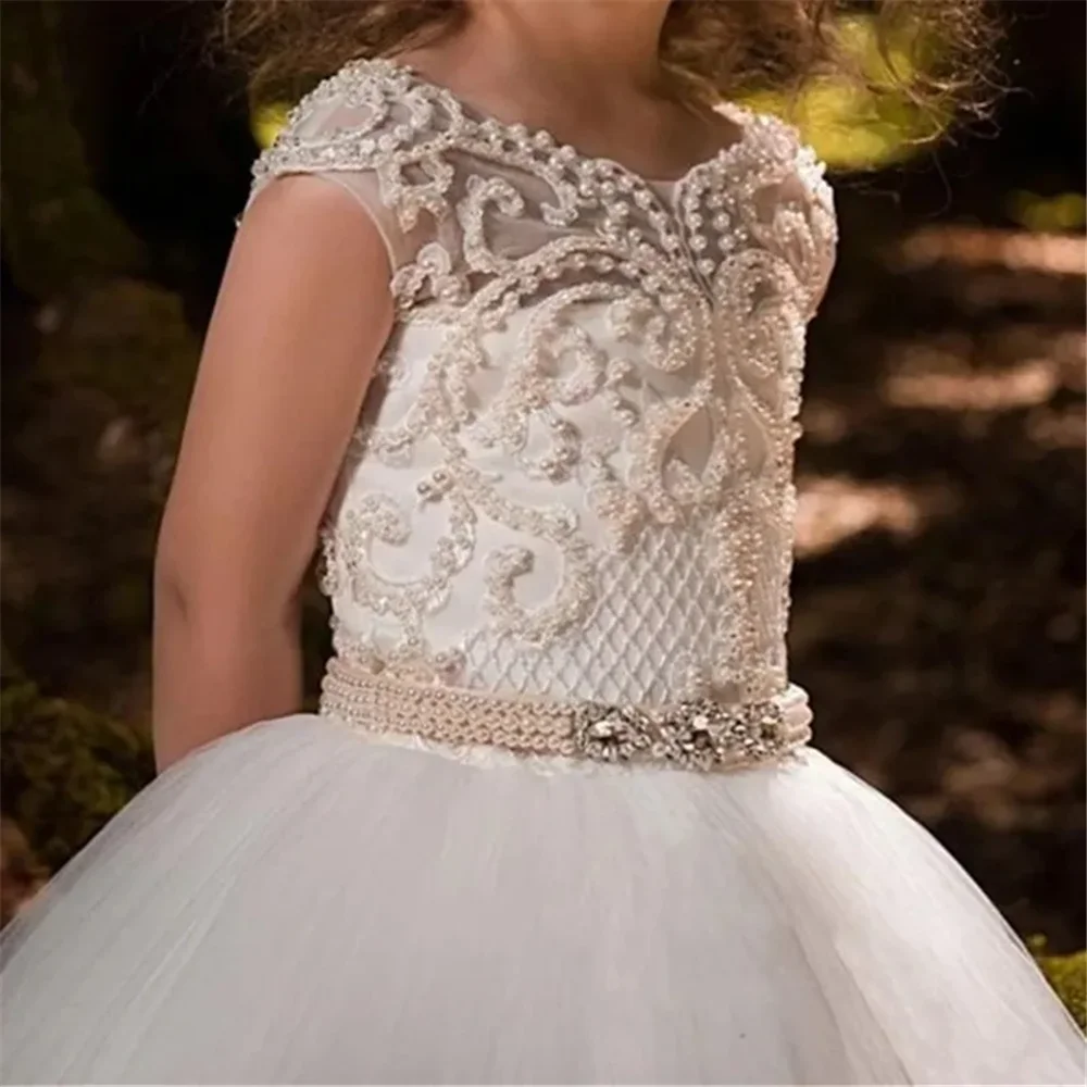 Flower Girl Ball Sleeveless Princess Gowns Custom Pageant Checks Lace Pearls First Communion Dresses For Little Bride Wedding