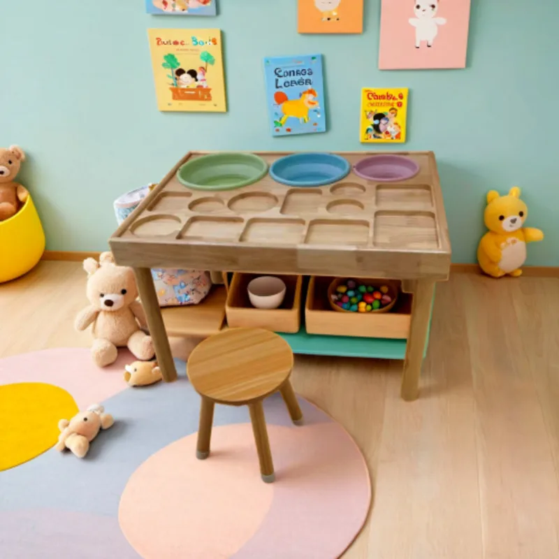 

Wooden Kids Activity Table and Stools Set Multi - functional Play Table with Storage Slots and Chalkboard for Art Craft