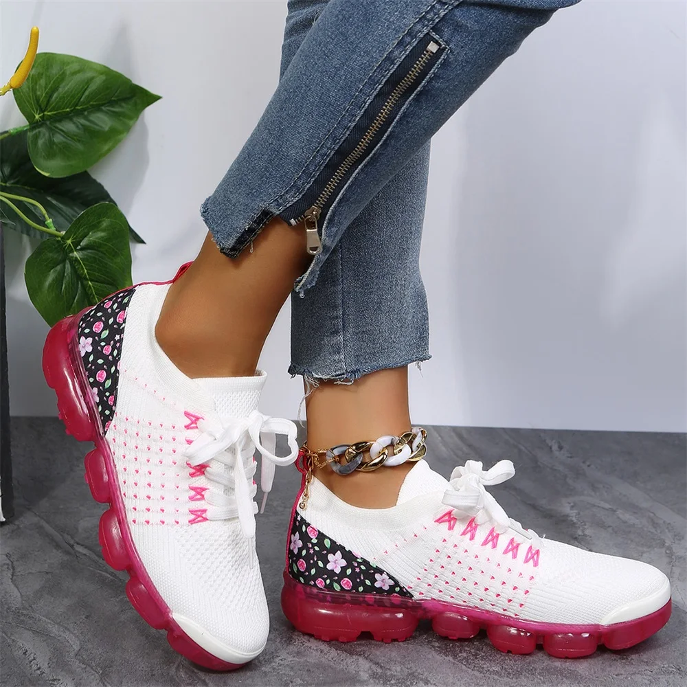 Women\'s Sport Sneakers New Fashion Knitted Fabric Ladies Breathable Lace Up Comfy Casual Shoes 35-43 Large-Sized Running Flats