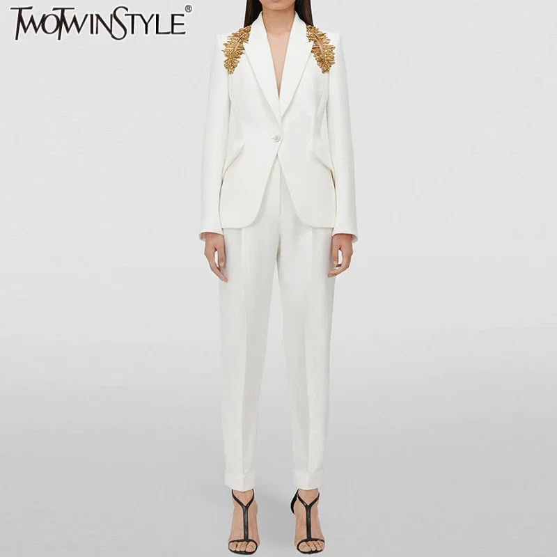 

TWOTWINSTYLE Solid Two Piece Sets for Women Lapel Long Sleeves Spliced Bead Blazer High Waist Pants Female Minimalism Clothing