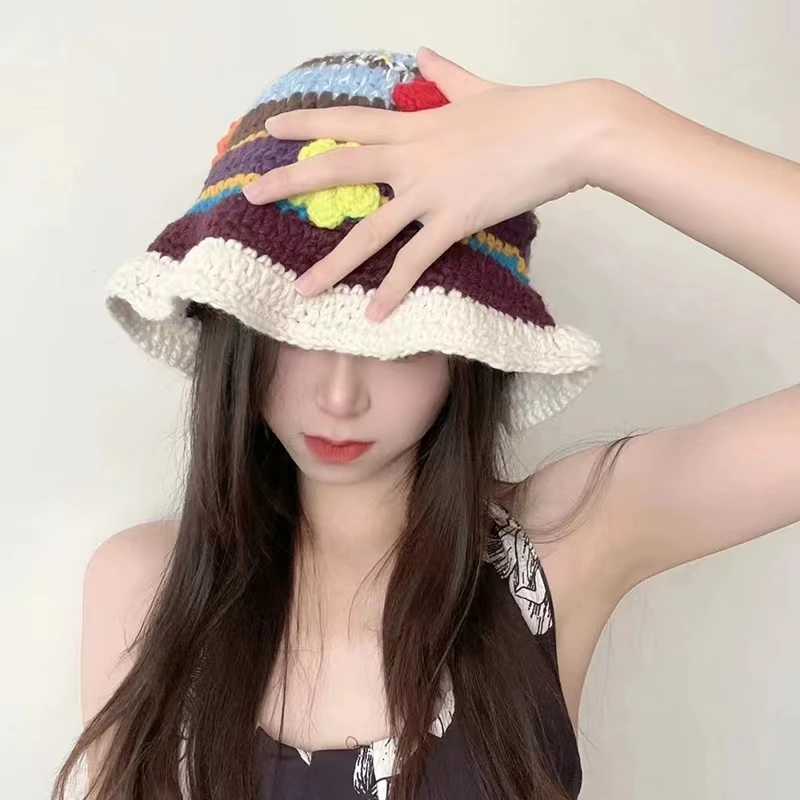 2022 New Korean-Japanese Hand Buckle Crochet Bucket Hat Spring and Autumn Winter Sun Hat Female Cherry Designer Bob Basin Hat