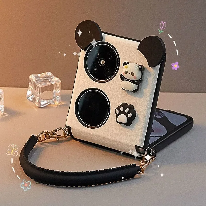 Cute 3d Panda Ear Flip Phone Case for Samsung Z Flip5 zflip4 Cover Cartoon White Leather Shockproof Case & Hinge