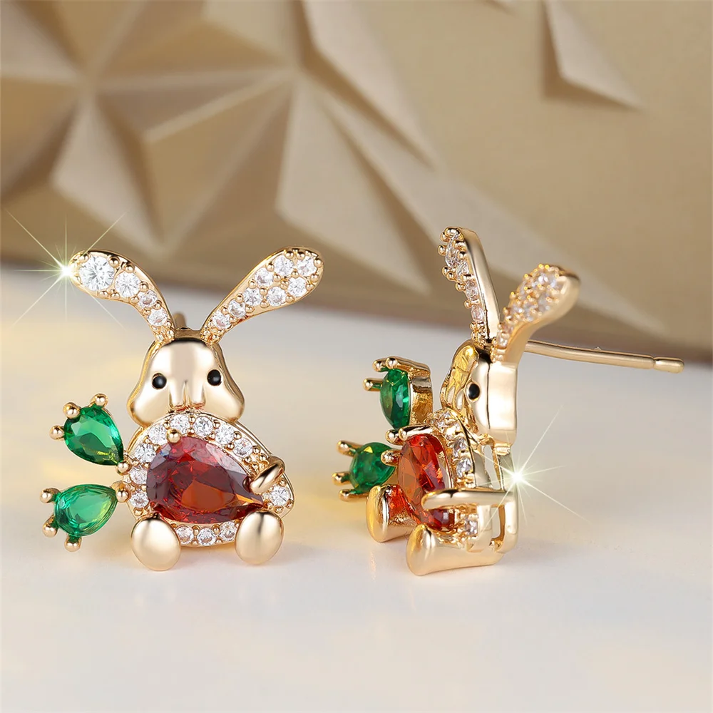 Cute Small Rabbit Carrot Stud Earrings For Women Red Green Crystal Water Drop Stone Vintage Silver Color Wedding Jewelry