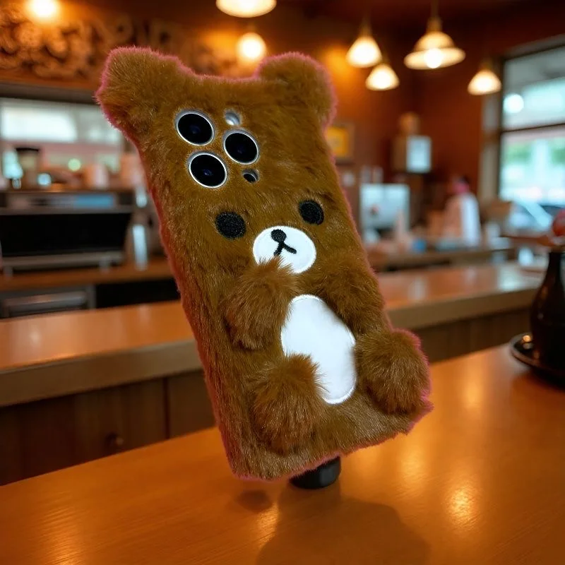 

Luxury brown bear Fluffy Fur phone case protection for iPhone 11 12 13 14 16 15 17 Pro Max XR 15 Plus 17air X Lovely Plush Coque