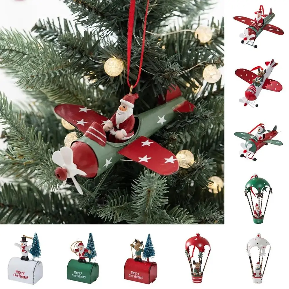 Iron Christmas Airplane Pendant Hot Air Balloon Santa Flying Plane Pilot Santa Ornaments Decorative Durable