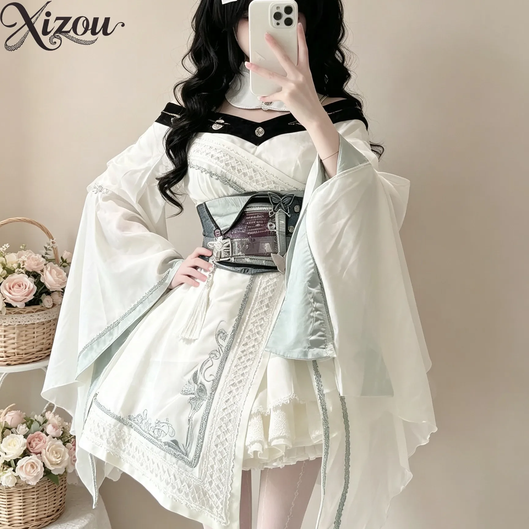 Chinese Style Gothic Lolita OP Dress Set Wide Bell Sleeve Embroidery Short Dress Spring Summer Cosplay Costume Women Waist Band