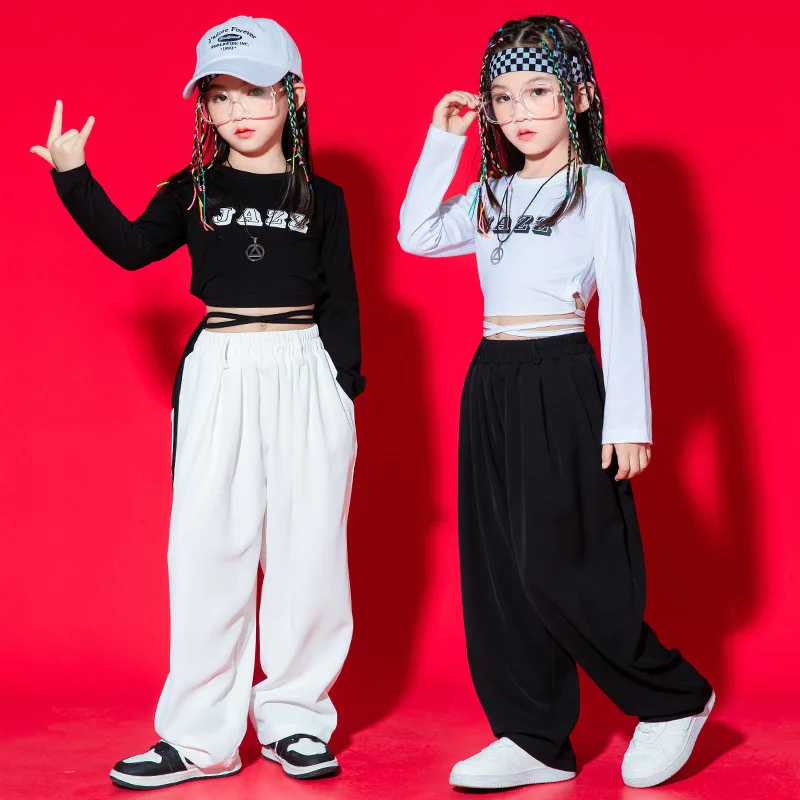 

Kid Kpop Hip Hop Clothing Lace Up Crop Top Long Sleeve Tee Casual Streetwear Baggy Pants for Girls Jazz Dance Costume Clothes