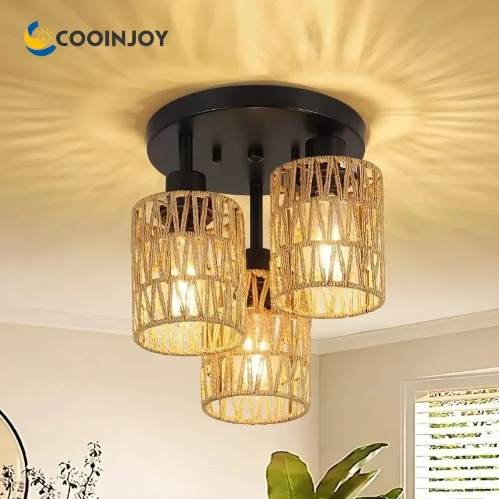 

COOINJOY Rattan Ceiling Lamp Pendant 3-Flame Boho Ceiling Lamp with Rattan Shade Vintage Bamboo Rustic Hanging Lamp Living Room