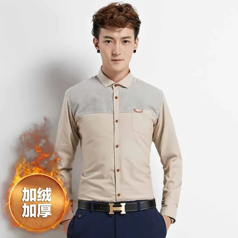 

Men's Shirt New Autumn Winter Men's Fashion Cotton Thick Warm Fleece Dot Splicing Long-sleeved Shirts Slim Men Casual Shirts