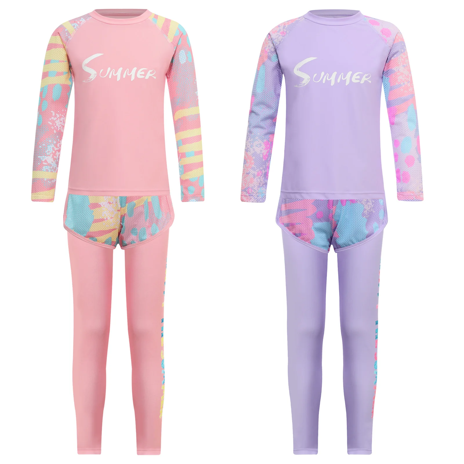 Kids Girls 3Pcs costumi da bagno Sunsuit Outfit manica lunga Floral Rash Guard top pantaloncini e Legging protezione solare costume da bagno sportivo