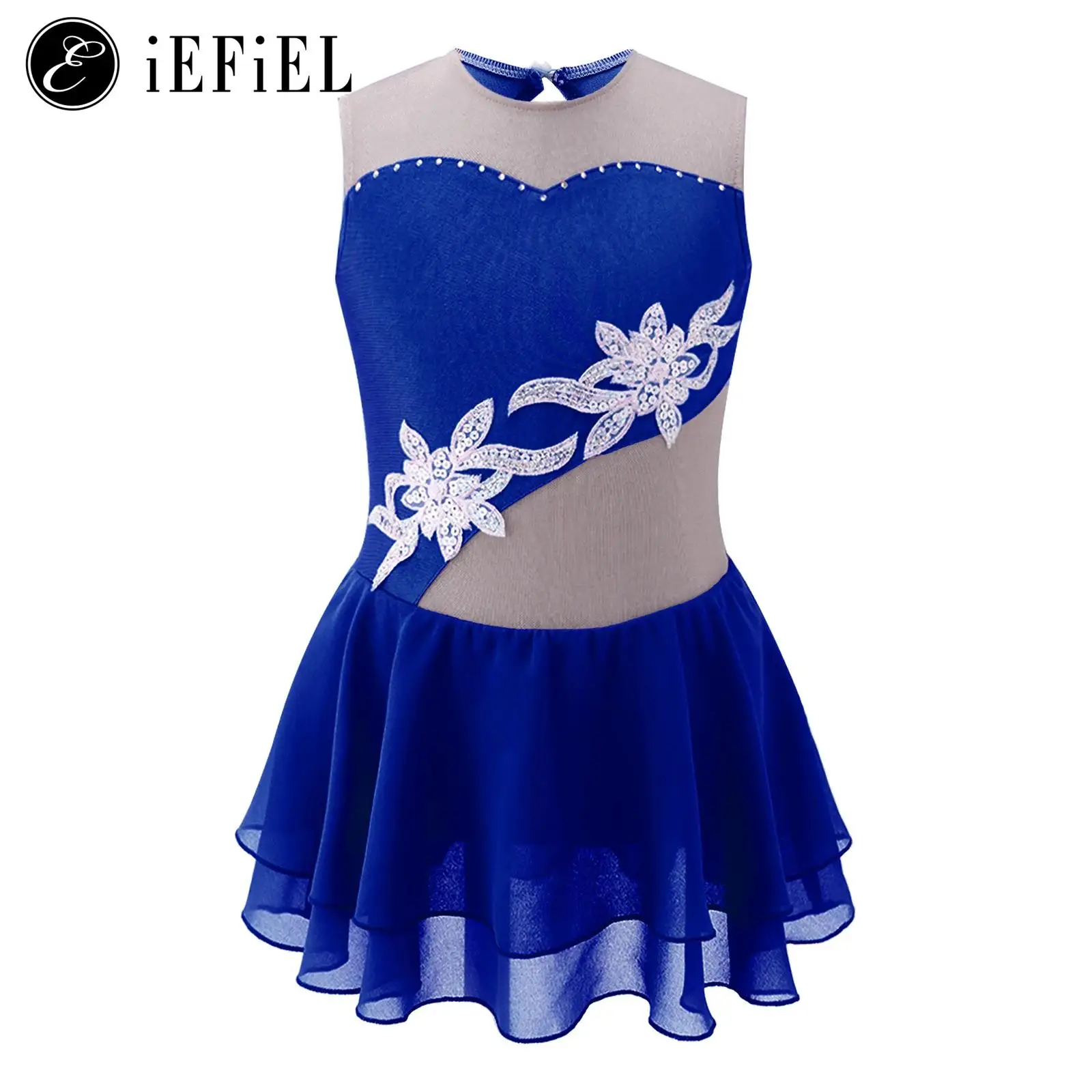 Kids Girls Applique Rhinestone Ballet Dance Dress Skirted Leotard Figure Ice Skating Competition Stage Performance Costume