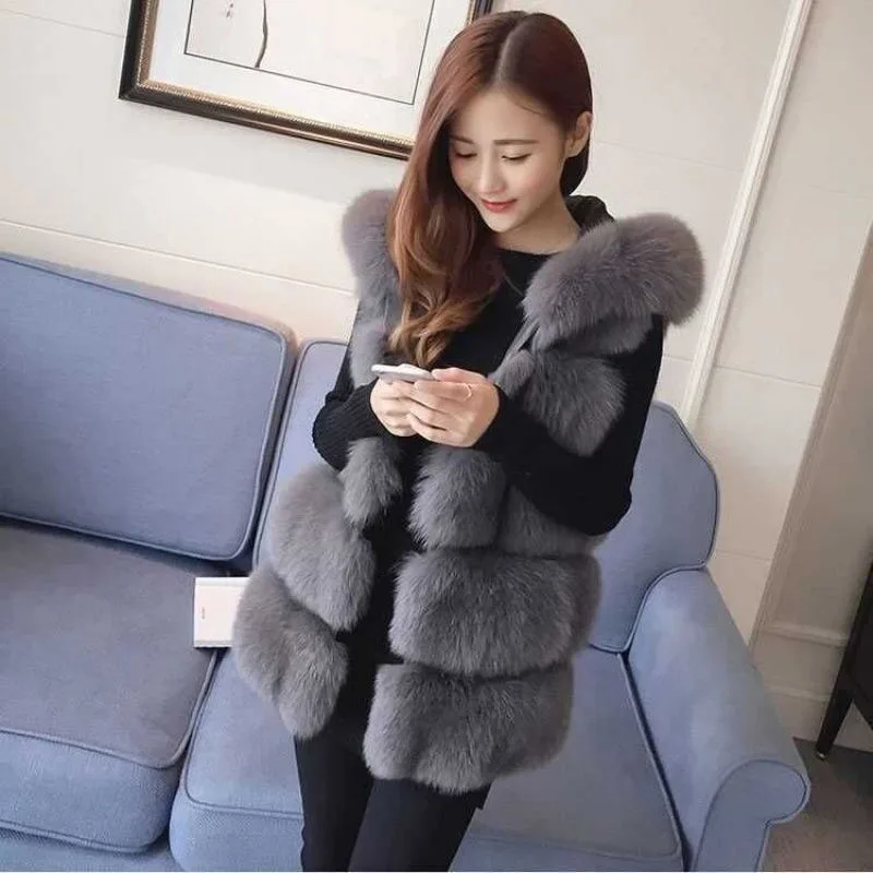 

New Autumn Winter Hooded Mid Length Faux Fur Vest Jacket Women's Casual Chic Sleeveless Comfortable Loose Warm Female Waistcoat