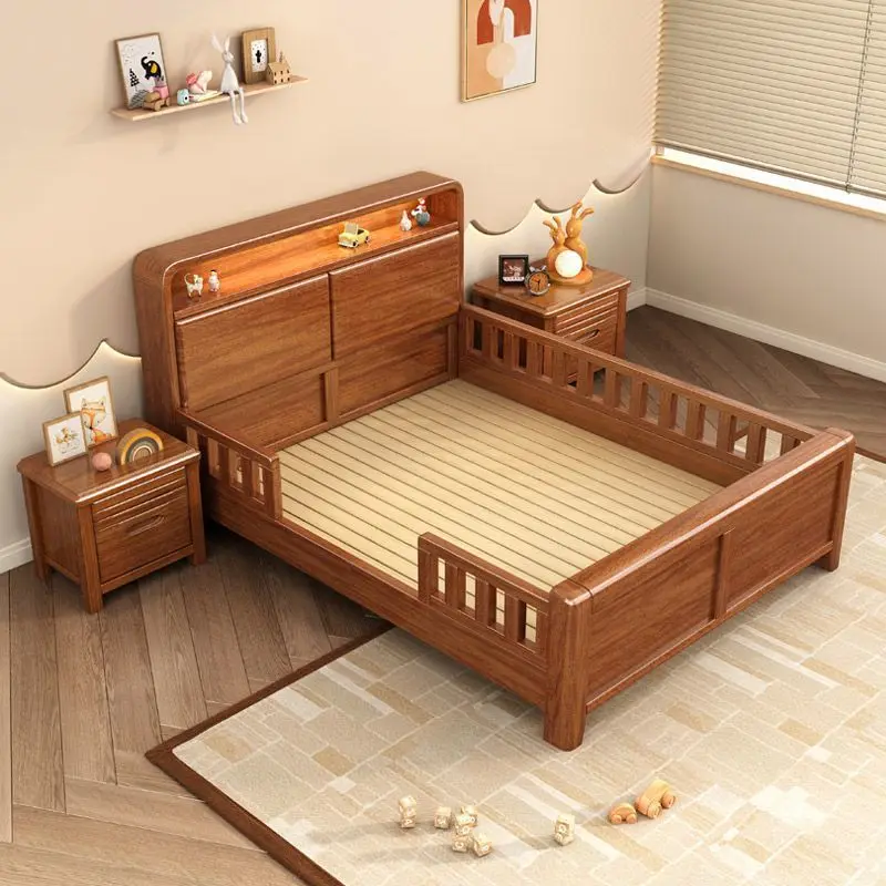 

Solid wood elderly bed with guardrail armrest Old-fashioned high-footed hard board bed 1.5 meters 1.2 meters Nursing home
