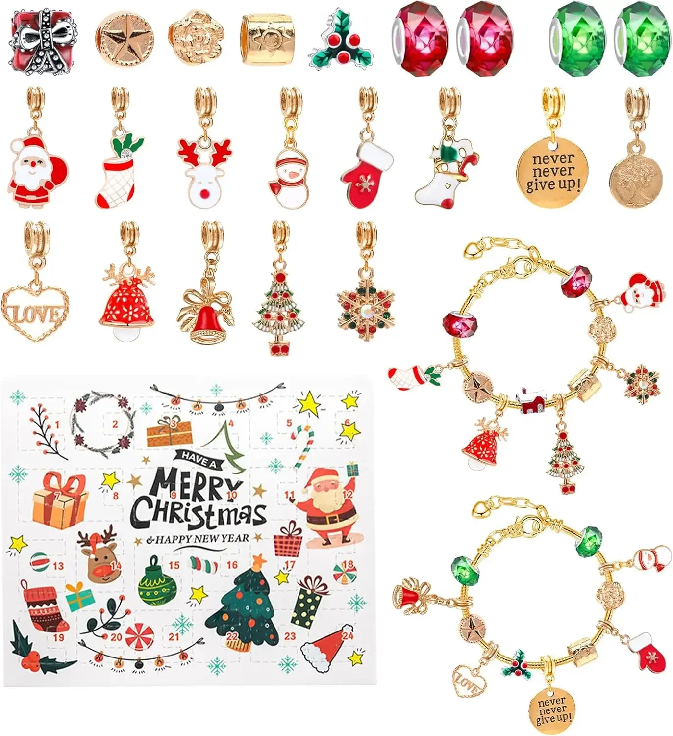 Christmas Bracelet, DIY Making Kit Christmas New Year Birthday Gift 22 Charm Beads 2 Bracelets