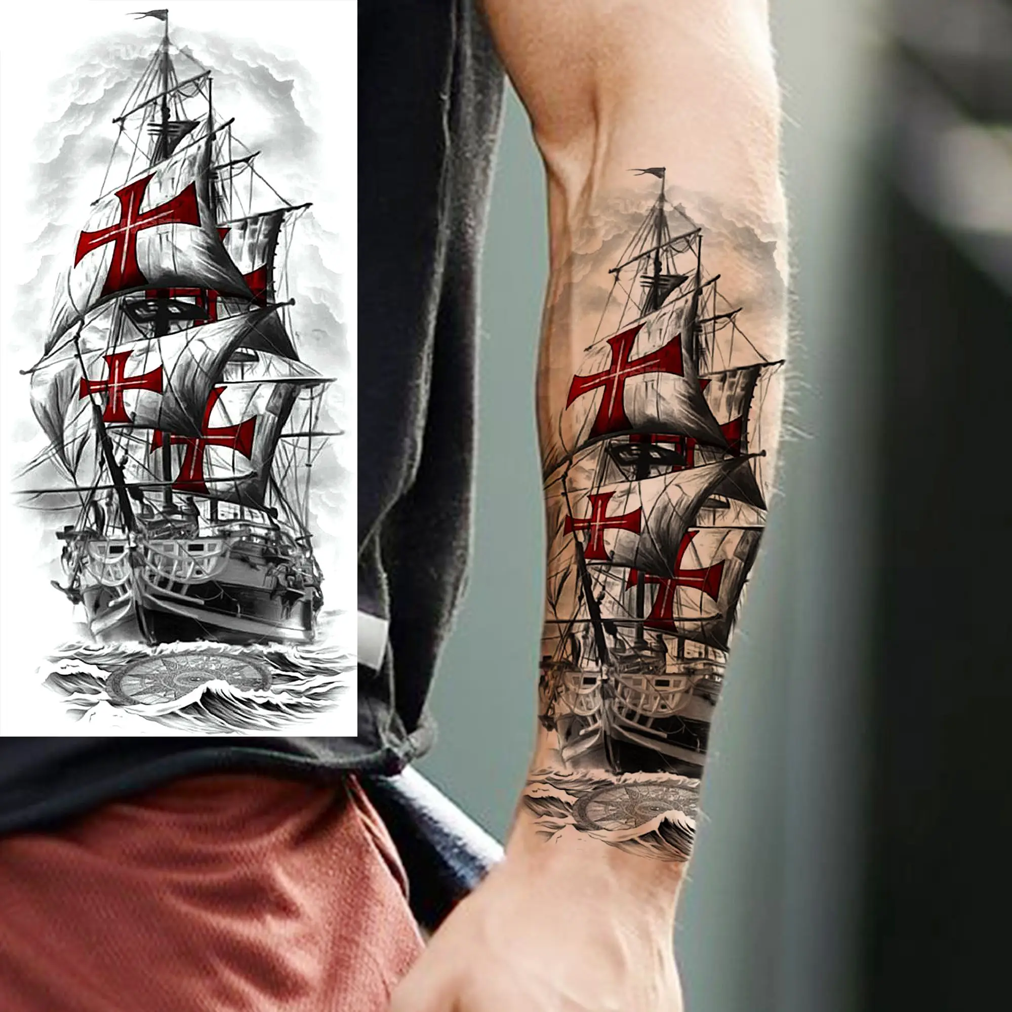 1 Sheet Pirate Ship Anchor Compass Temporary Tattoos For Men Women Adults Waterproof Fake Tattoos Mountain Clock Tatoo Stickers